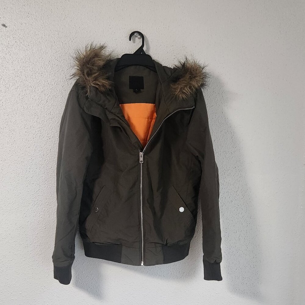 H&M Women's Green Hooded Bomber Jacket with Faux Fur Size Medium